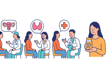 Health consultations focusing on women's medical issues and treatments with healthcare professionals in a clinic setting