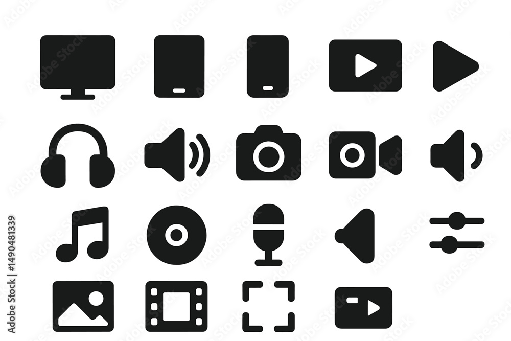 Poster collection of vector icons depicting multimedia devices and controls suitable for various digital ap