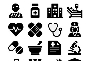 Healthcare and medical icons representing various aspects of patient care and the medical profession in a vector illustration