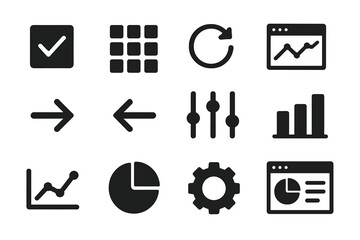 Vector illustration of business and data analysis icons showcasing charts, controls, and navigation symbols used in software applications