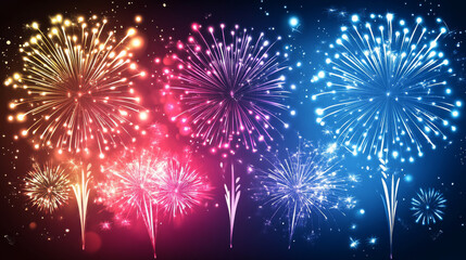 Fototapeta premium Colorful fireworks illuminate night sky, creating vibrant display of red, pink, and blue hues. dynamic bursts evoke sense of celebration and joy, perfect for festive occasions