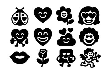 Vector illustration of cheerful symbols including hearts, flowers, and smiling faces in a playful design
