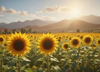 Golden sunflowers in vibrant field, sunny day, landscape, photography