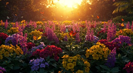 Obraz premium Vibrant Sunset Garden with Butterflies and Colorful Flowers