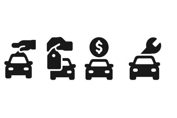 Process of buying, selling, and maintaining a vehicle represented in vector illustrations
