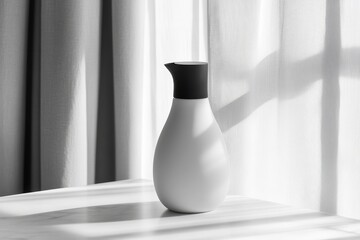 Elegant, minimalist ceramic pitcher, displayed against a window.