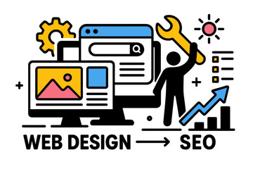 Web design and SEO vector illustration highlighting modern digital marketing techniques and tools in a creative workspace environment