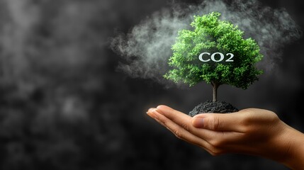 A hand cradles a vibrant tree emerging from pollution clouds