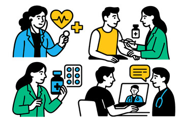 Vector illustration depicting various healthcare activities including consultations and treatments