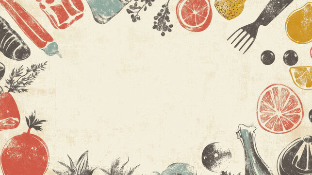 Delight in this retro inspired recipe card design featuring vibrant array of fresh vegetables and fruits, perfect for culinary enthusiasts and food lovers alike