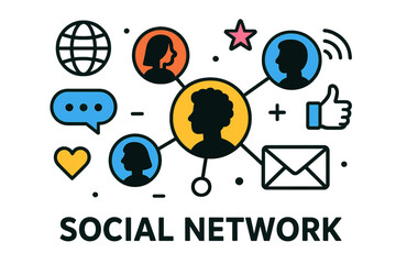 Creative vector illustration depicting social network concepts with diverse user profiles and communication elements