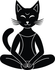 Meditating black cat with crescent moon symbol in lotus position isolated on white background