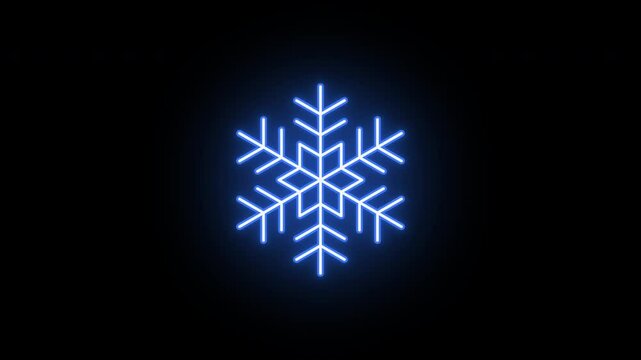Neon snowflake icon animation, flickering emergence and fading. Glowing neon snowflake sign, looped animation. Snow flakes, winter time, frost, cold season, frozen star. Violet blue azure colors