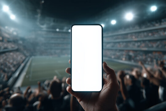 First-person view of football fan holding smartphone with blank screen in stadium, night game atmosphere, cheering crowd, ideal for sports app mockups, event promos, or social media