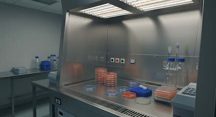 Sterile Laboratory with Empty Biosafety Cabinet and Sealed Petri Dishes
