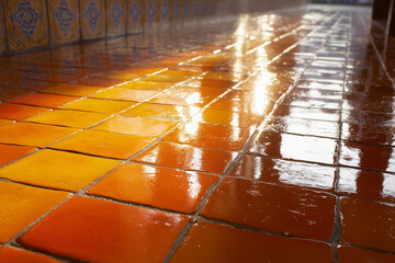 Orange Ceramic Tile Floor Reflecting Sunset Light