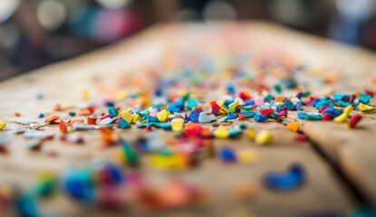 Fototapeta premium Colorful Plastic Pellets Scattered On Wooden Surface