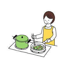 炒め物をしている女性の手描きイラスト