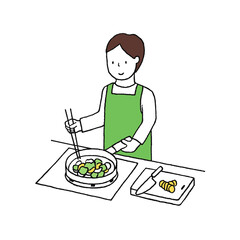 炒め物をしている男性の手描きイラスト