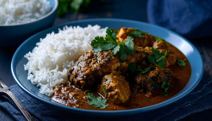 Kolkata style fish curry with steamed rice in a Bengali kitchen