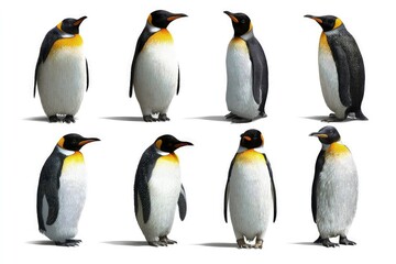 Standing penguins in two rows showcasing unique colors and patterns high-resolution wildlife portrait of black and white birds with orange markings isolated on white background