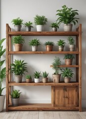 Rustic wooden bookcase, various potted plants against a bright white wall, style, wall, apartment
