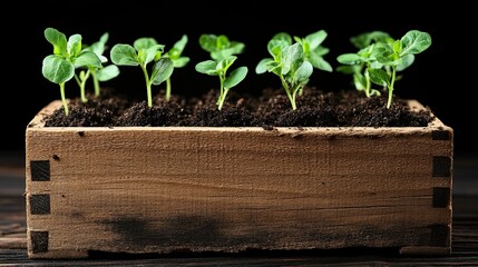 Seedlings in Wooden Box with Spring Growth.