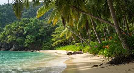 Lush Tropical Beach with Turquoise Water and Palm Trees