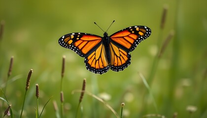 Monarch butterfly flying across meadow with blurred green background