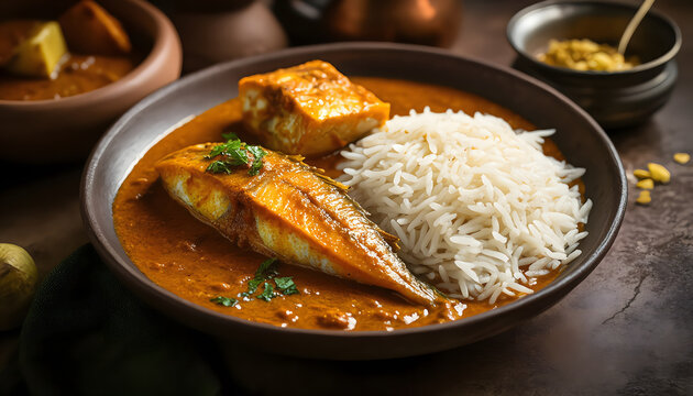 Kolkata style fish curry with steamed rice in a Bengali kitchen