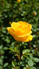 Fototapeta premium Yellow rose in sunlight on garden background