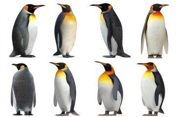 Standing penguins in two rows showcasing unique colors and patterns high-resolution wildlife portrait of black and white birds with orange markings isolated on white background