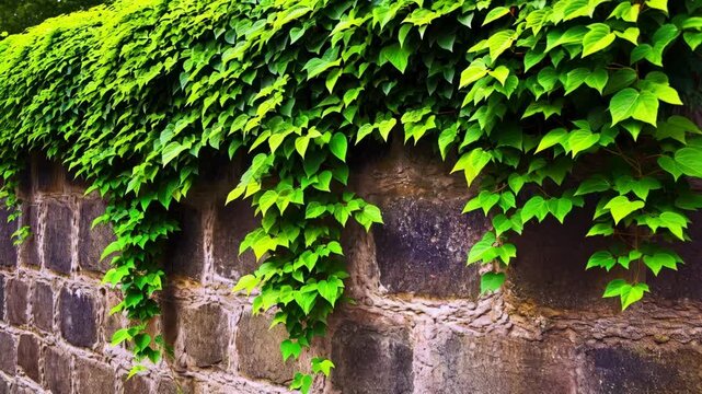Vibrant green ivy climbing on aged stone wall, creating a textured pattern and natural architectural detail in garden setting.