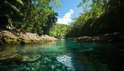 Naklejka premium Crystal-clear river flowing through lush jungle