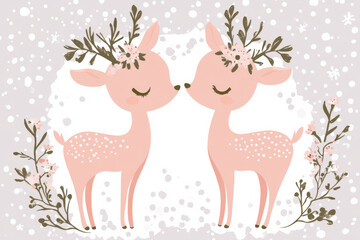 Fototapeta premium Cute pink deer with floral accents are depicted in whimsical style, surrounded by snowflakes and delicate plants, creating charming and joyful atmosphere