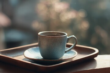 Obraz premium Ceramic cup on tray in morning ambiance
