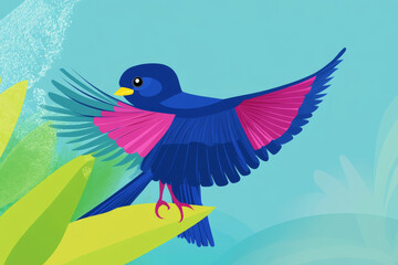Obraz premium vibrant bird illustration featuring blue and pink color scheme, perched green leaf against soft blue background. bird wings are spread wide, showcasing its colorful feathers, evoking sense of joy