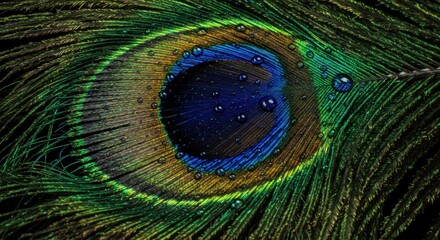 Fototapeta premium Peacock Feather Macro Photography: Close-up of Vibrant Jewel-Toned Eye with Water Droplets - Stunning Peacock Feather Detail