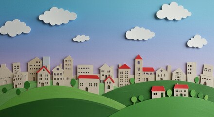 Naklejka premium Paper-cut cityscape with hills and clouds