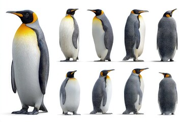 Standing penguins in two rows showcasing unique colors and patterns high-resolution wildlife portrait of black and white birds with orange markings isolated on white background