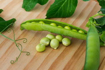 Fresh green peas with pods and leaves of the plant lying on rustic brown wood