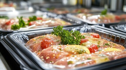 Obraz premium Marinated Chicken Breast in Plastic Containers, Ready for Cooking