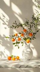 Orange Fruits on Branches with Green Leaves in White Vase Sunlight and Shadows