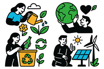 Promoting sustainability through gardening, recycling, and renewable energy practices in a vibrant vector illustration
