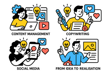 Vector illustration showcasing content management, copywriting, social media, and idea realization in a creative workspace