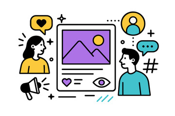 Engaging conversation between two individuals about a social media post featuring a landscape illustration