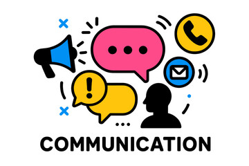 Vector illustration depicting aspects of communication including speech bubbles, a phone, and a person engaging in a conversation