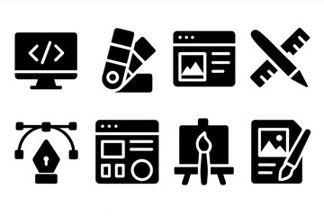 Digital tools for graphic design showcased in a vector illustration featuring essential elements and symbols