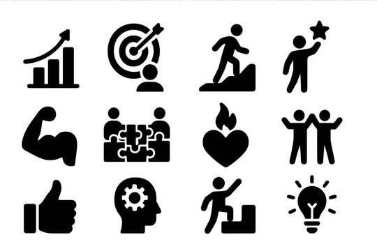 Vector illustration depicting various icons of business success, teamwork, personal growth, and motivation concepts
