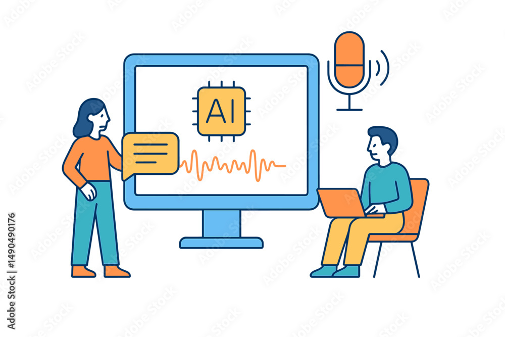 Poster vector illustration of individuals discussing artificial intelligence technology with a computer and